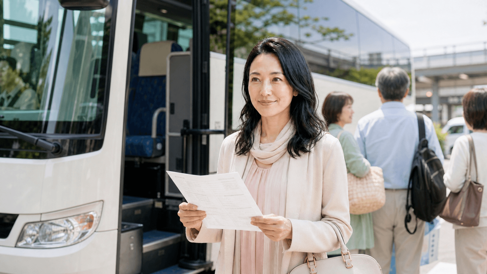 観光バスの乗車前に行程表を確認するえら美