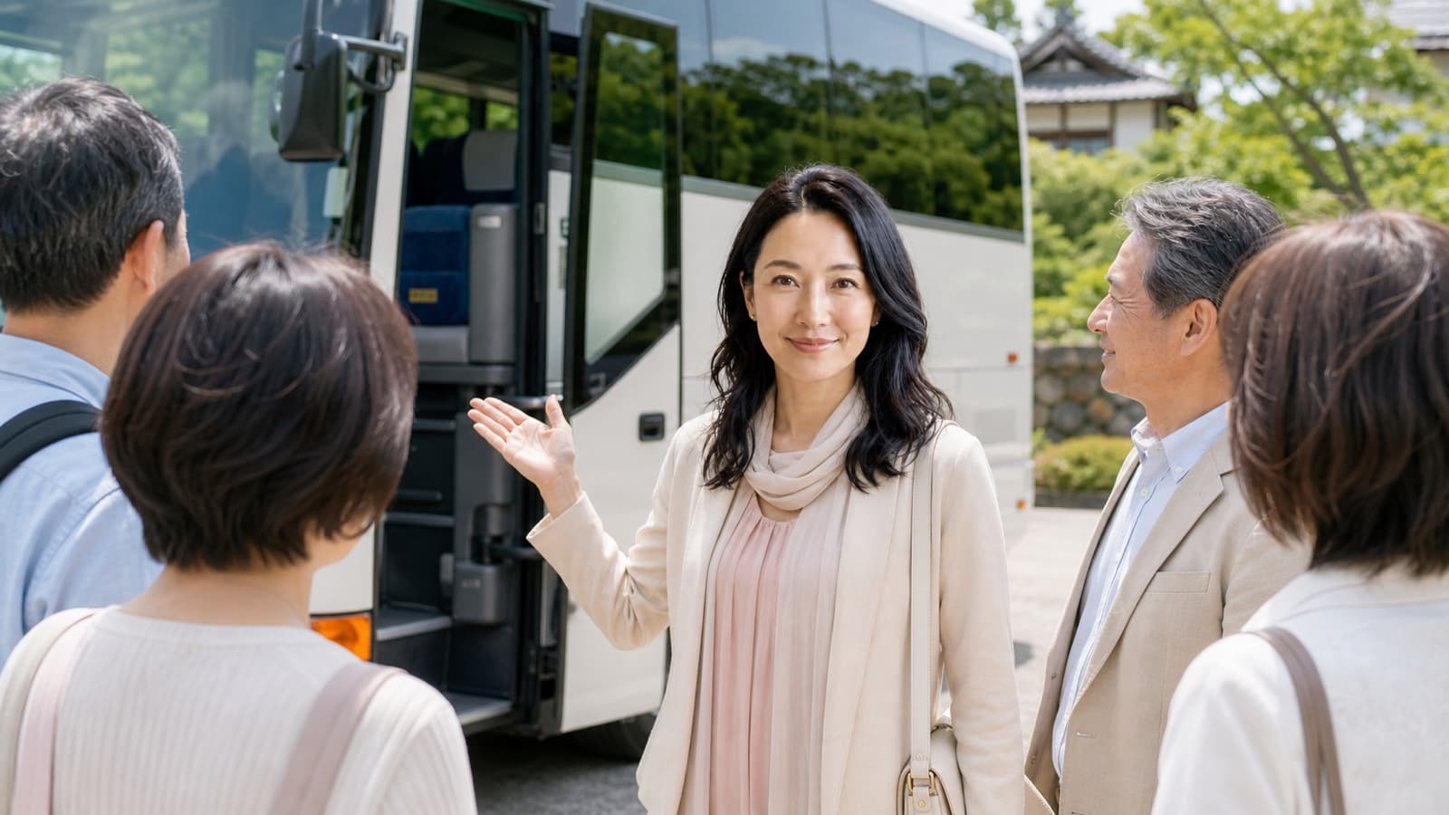 観光バスに乗車する50代女性と婚活バスツアーの参加者