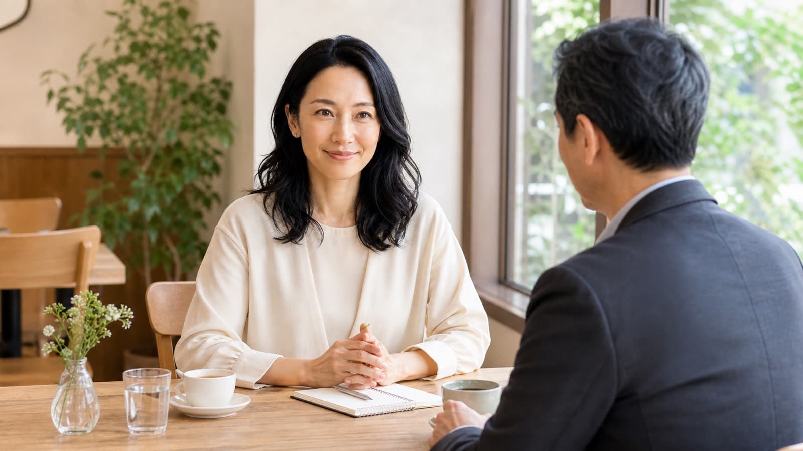 カフェで初対面の50代男性と穏やかに話すえら美