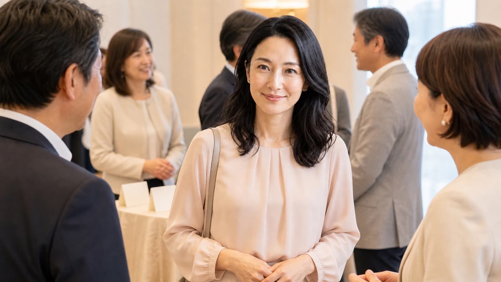 50代の婚活パーティーで参加者と挨拶するえら美