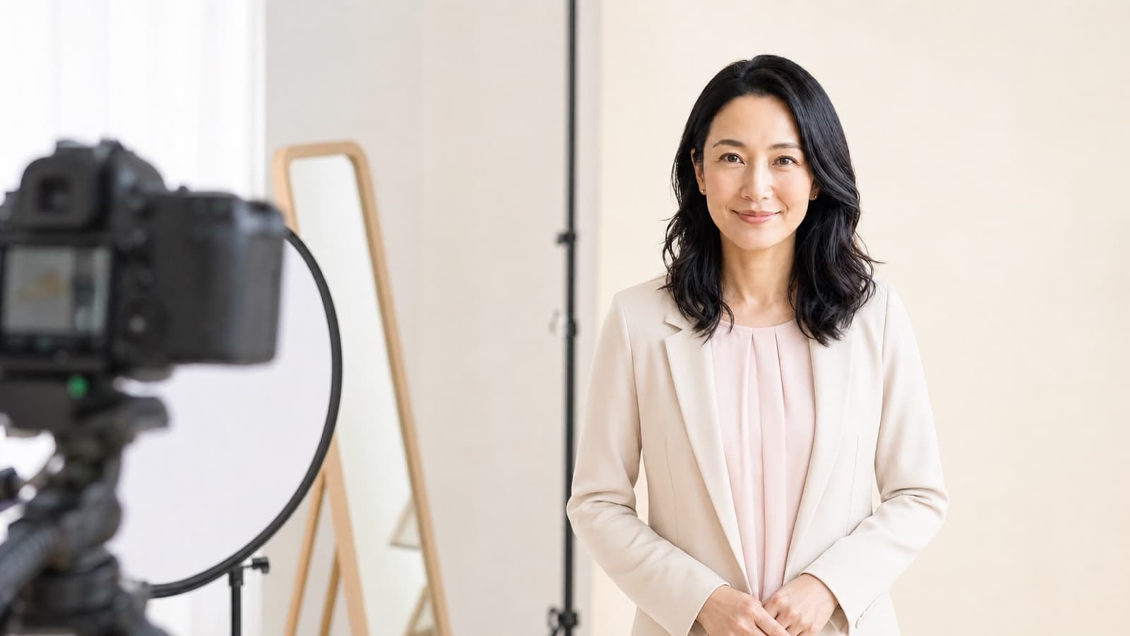 スタジオで婚活プロフィール写真を撮影するえら美