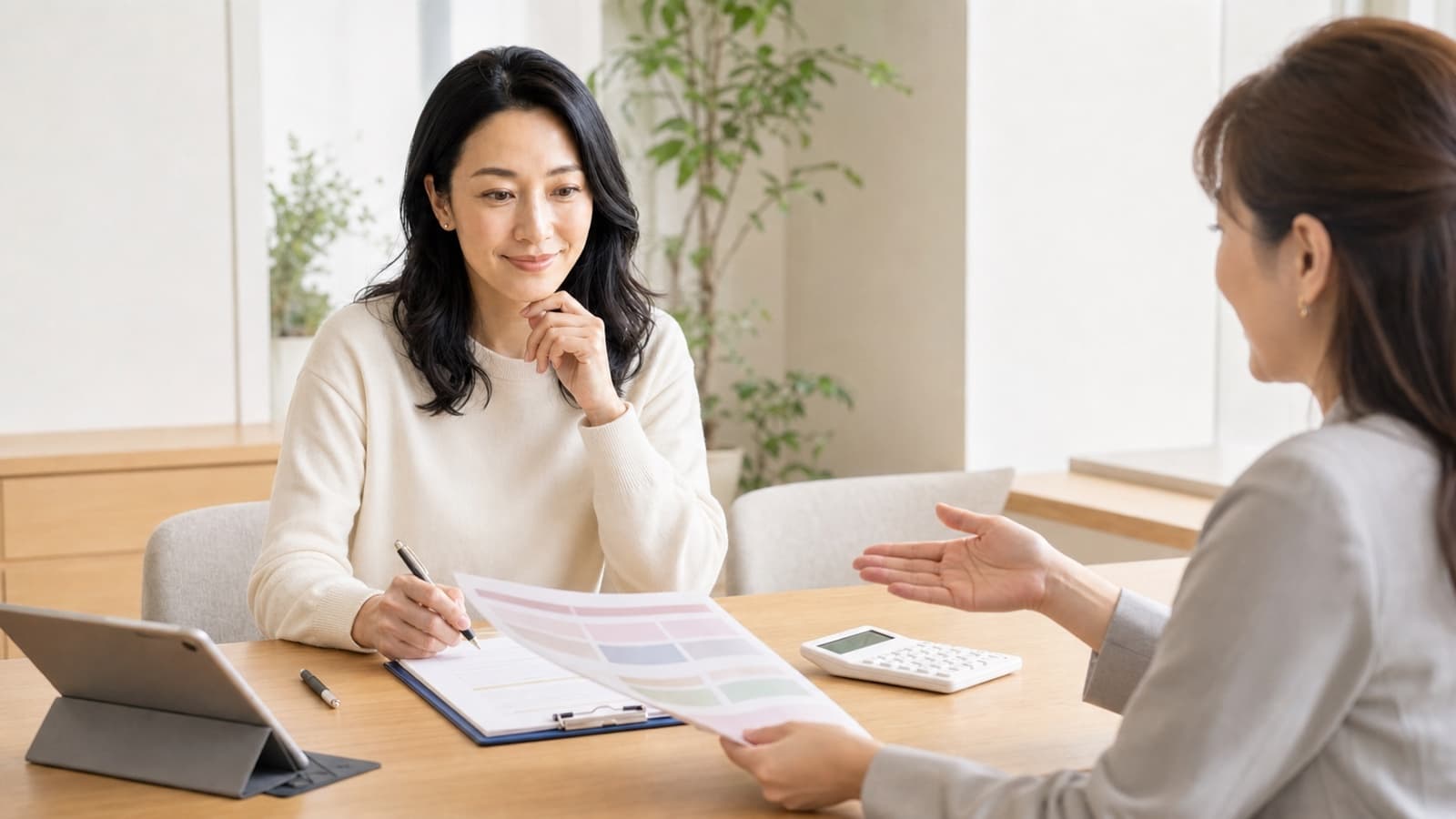結婚相談所の女性カウンセラーと資料を確認するえら美