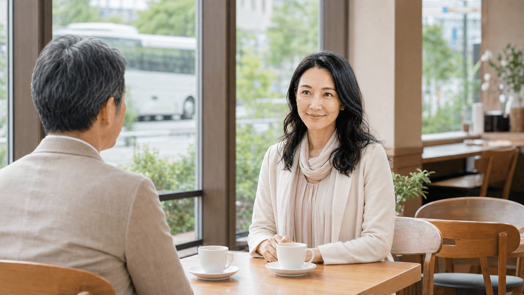 婚活バスツアー後にカフェで相手と話すえら美