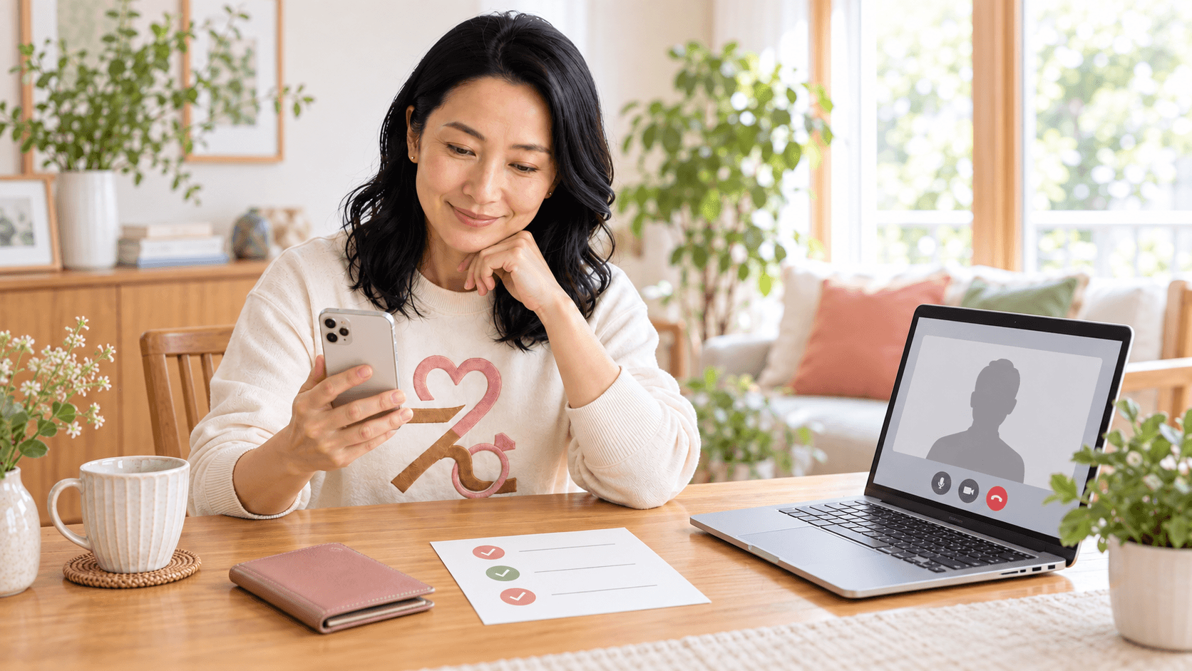 スマートフォンと安全確認のチェックリストを見ながらマリッシュの登録を検討するえら美