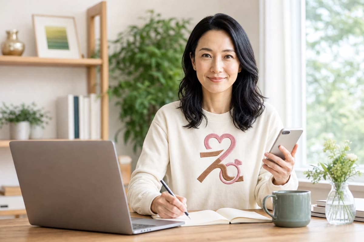 婚活プロフィールをスマートフォンとノートで整える女性