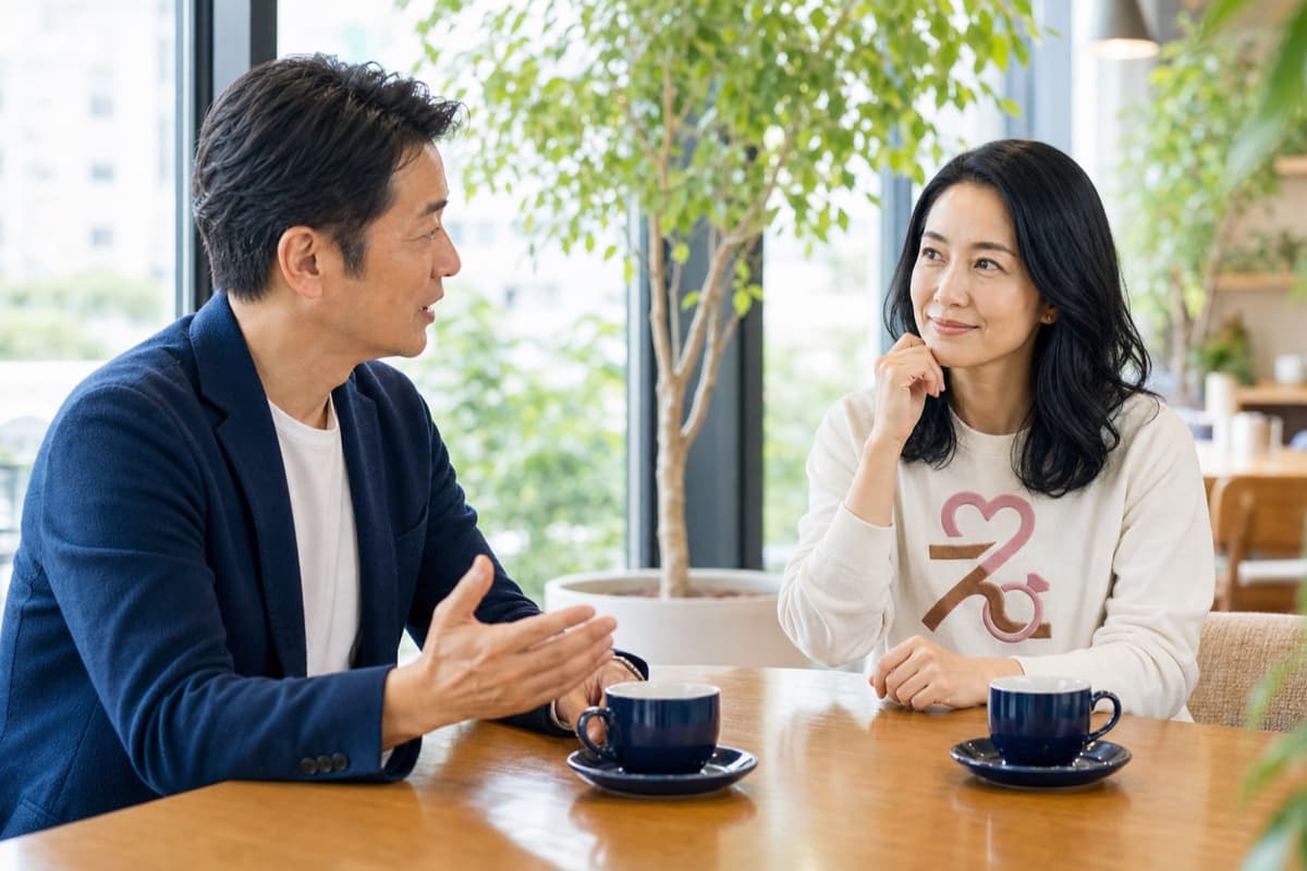 カフェで自然に会話を交わす男女