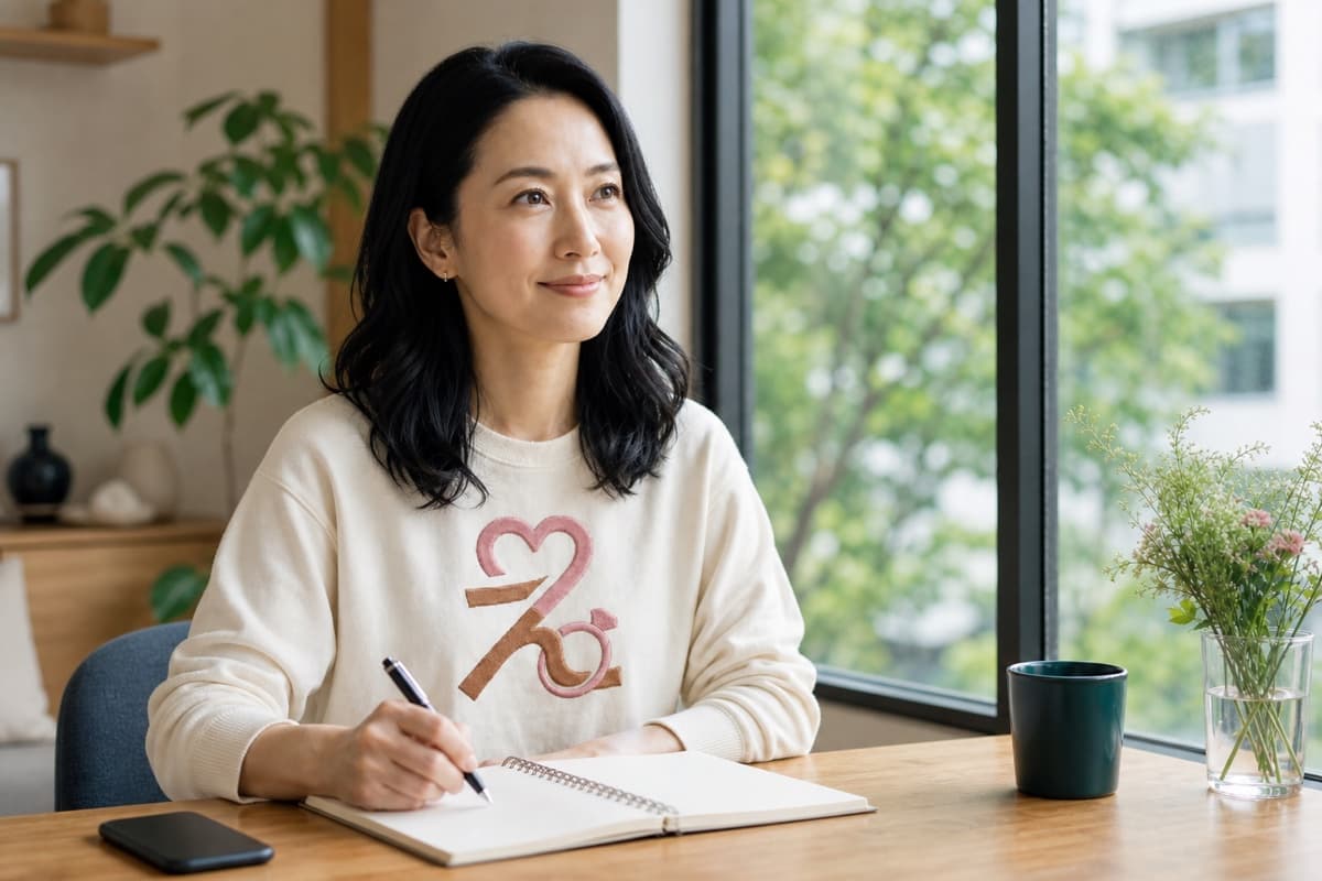 窓辺で婚活の優先順位をノートに整理する女性