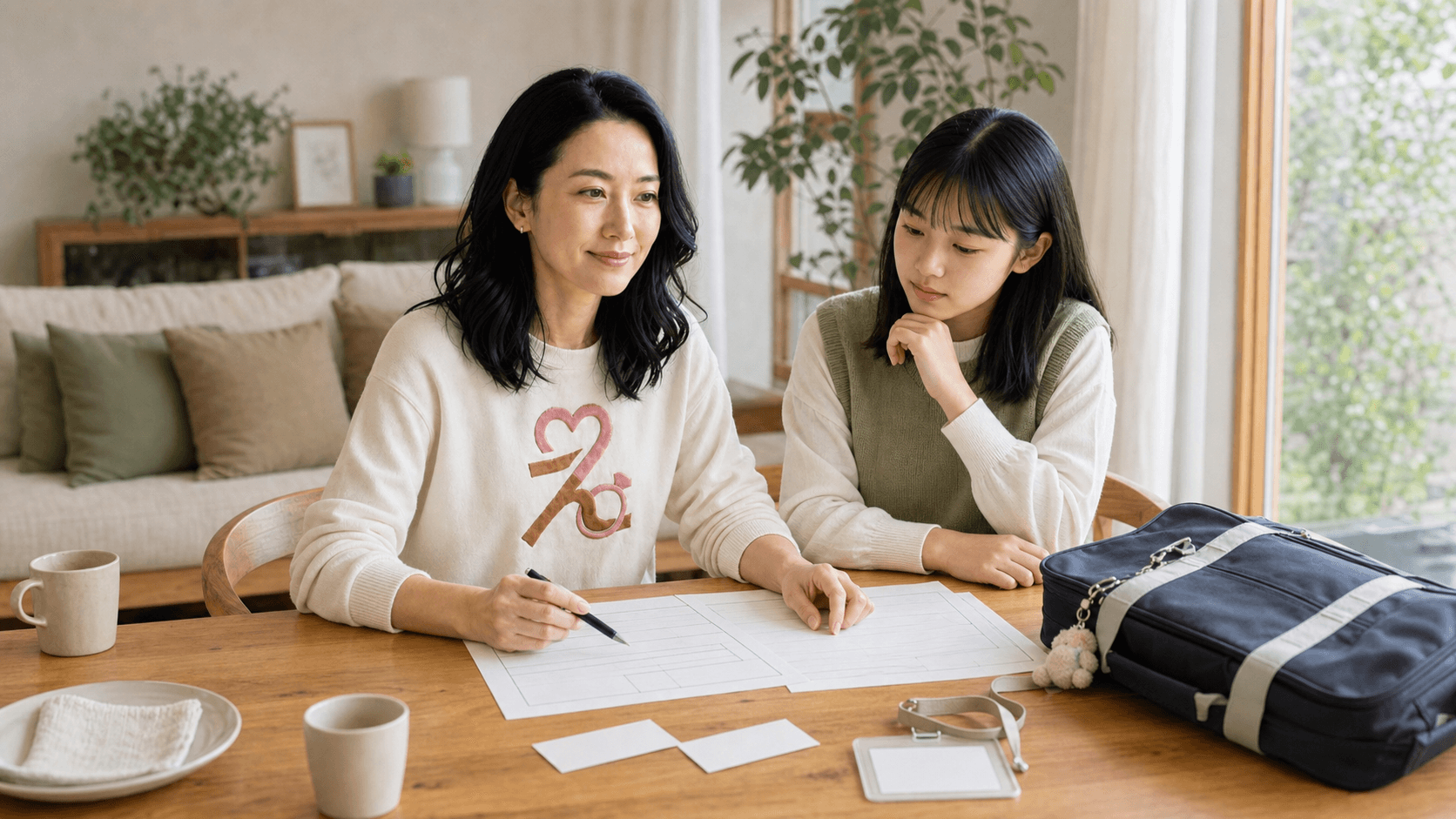 学校書類と職場の名札を前に子どもと名字について話すえら美